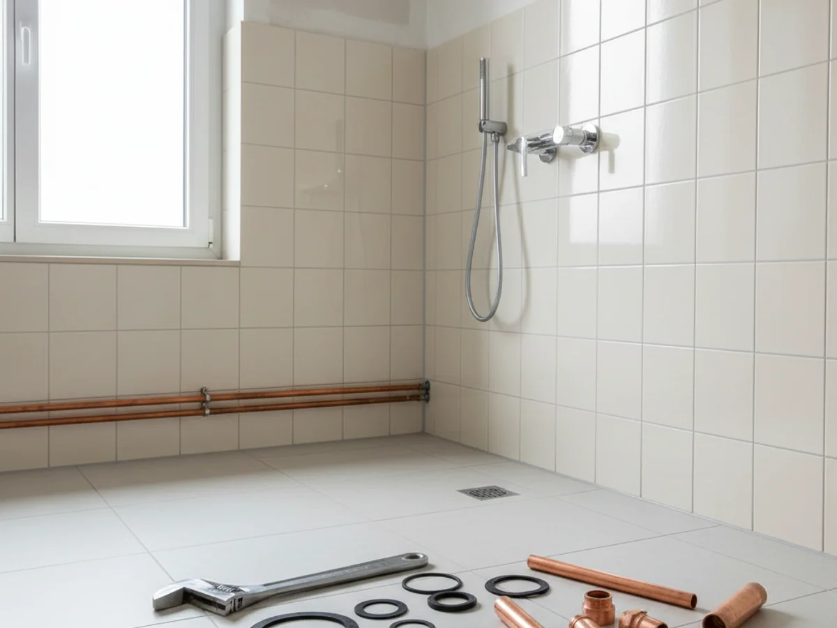 Salle de bain contemporaine en cours de finition avec douche à l'italienne et grande vasque