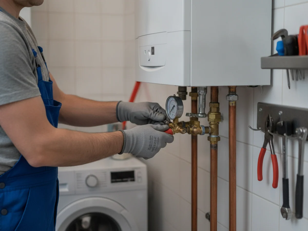 Mains d'un chauffagiste vérifiant le manomètre et les raccords d'une chaudière gaz murale