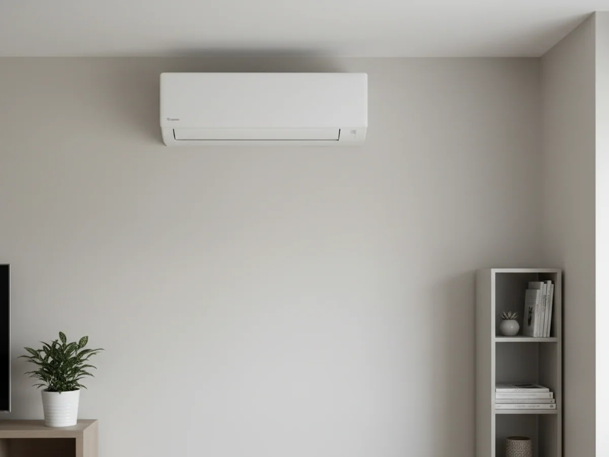 Unité extérieure de climatisation réversible fixée en façade d'une maison de la Côte d'Opale avec habillage anticorrosion