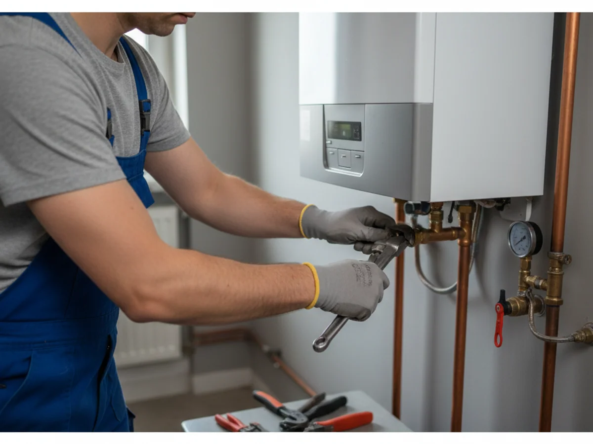 Technicien chauffagiste contrôlant au multimètre les connexions électriques du bloc de sécurité d'une chaudière murale gaz