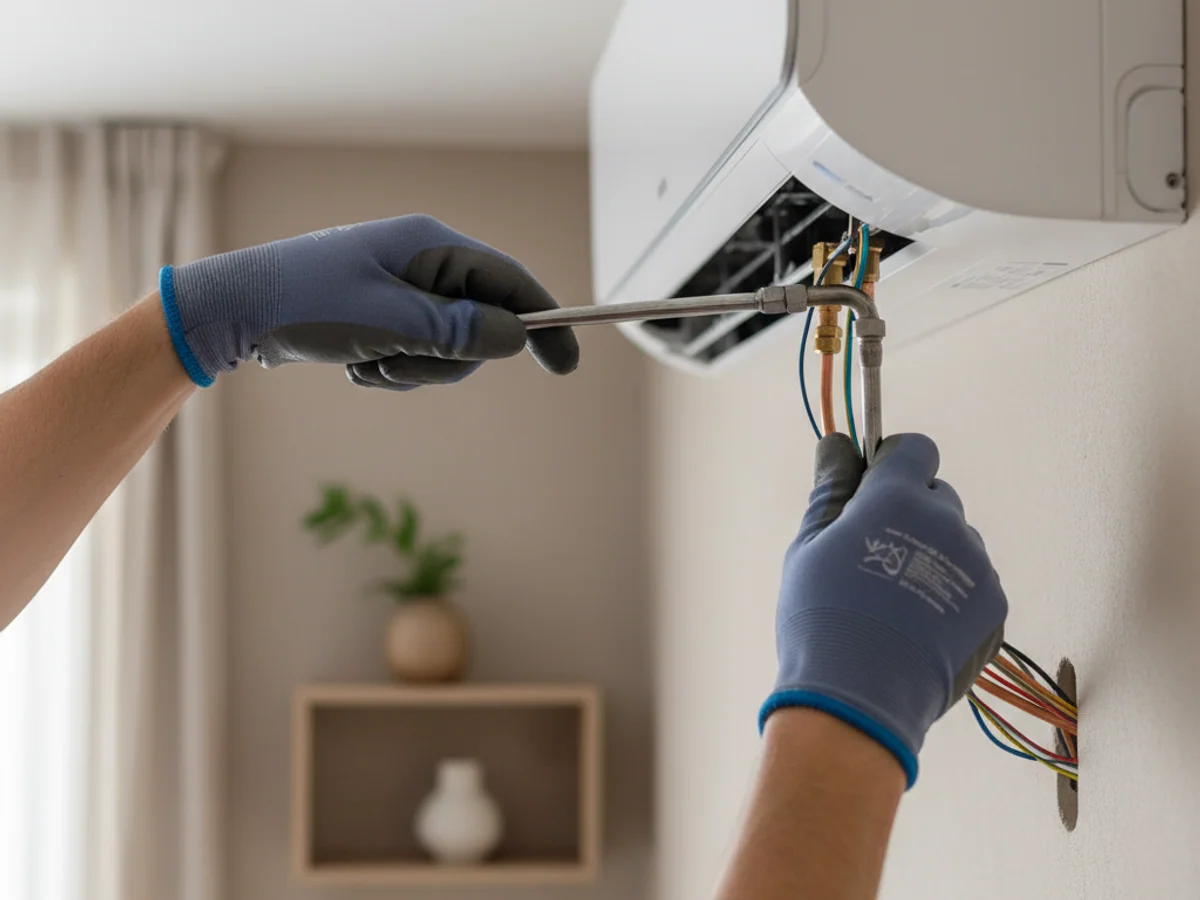 Gros plan sur la gaine d'évacuation d'un climatiseur mobile monobloc raccordée à une fenêtre entrouverte